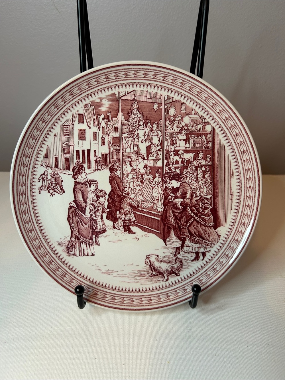 Spode Red Transferware St. Nick Holiday Window Scene Plate
